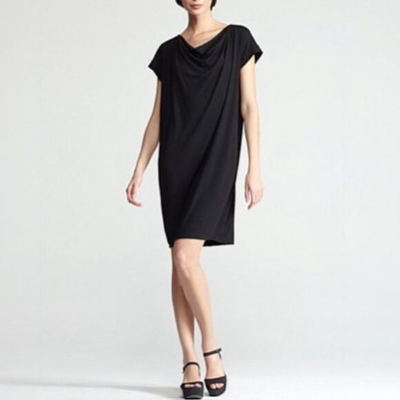 Eileen Fisher Drape Front Dress Black Short Sleeve Shift Size Medium Made in USA - Picture 1 of 11